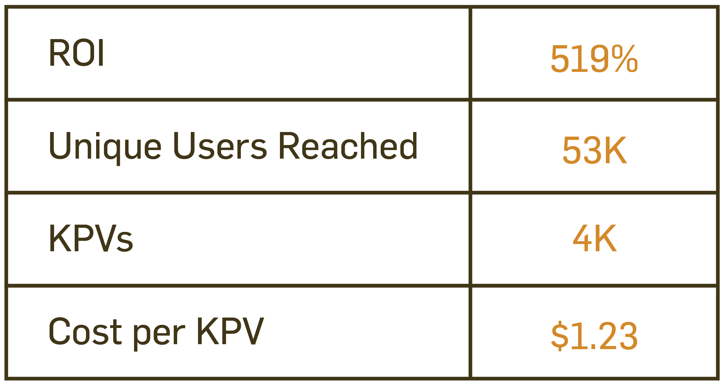 Visual depicting the ROI, unique users reached, KPVs, and cost per KPV for the campaigns
