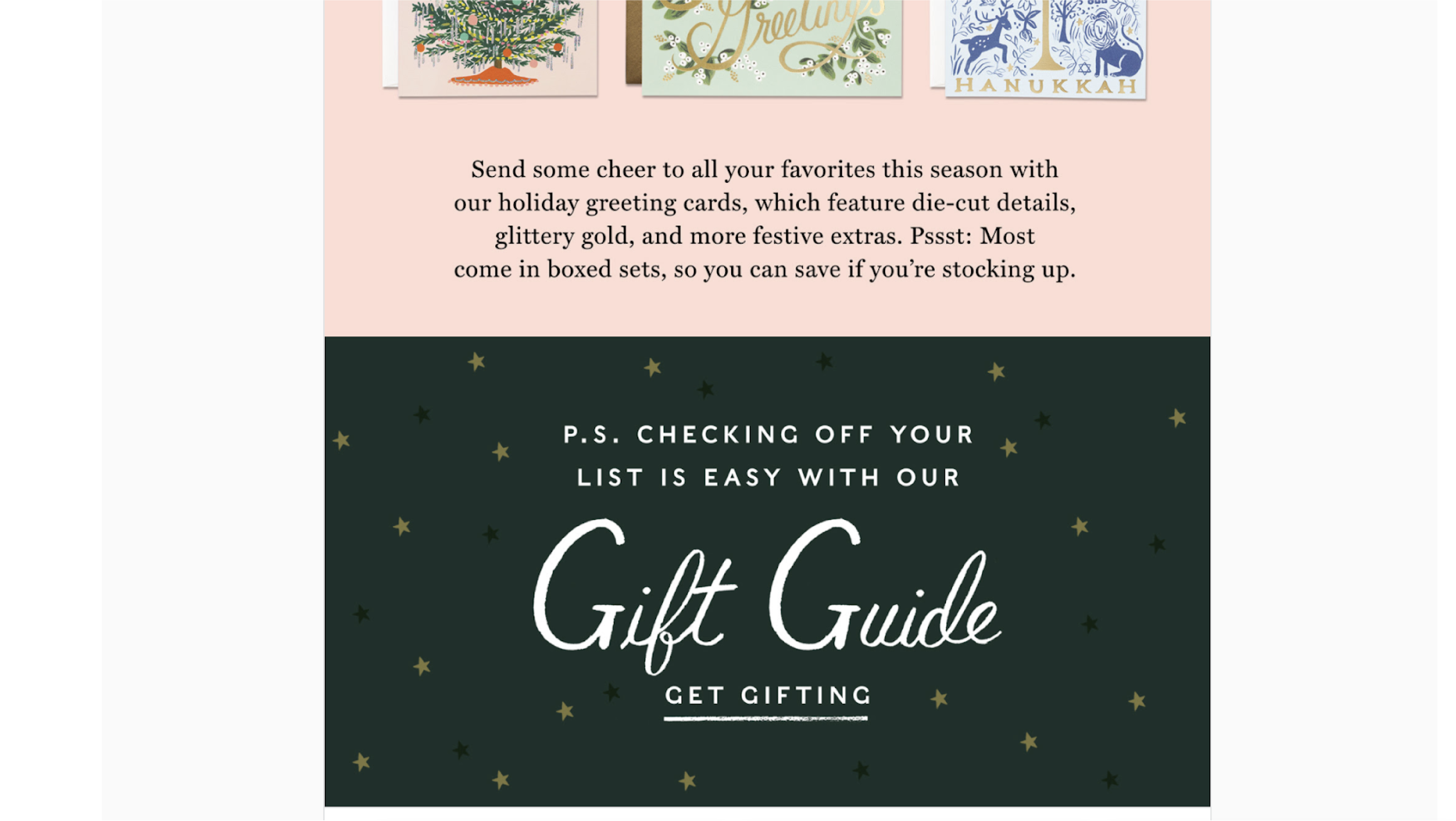 Example of Rifle Paper CO.'s holiday email teasing their gif guide