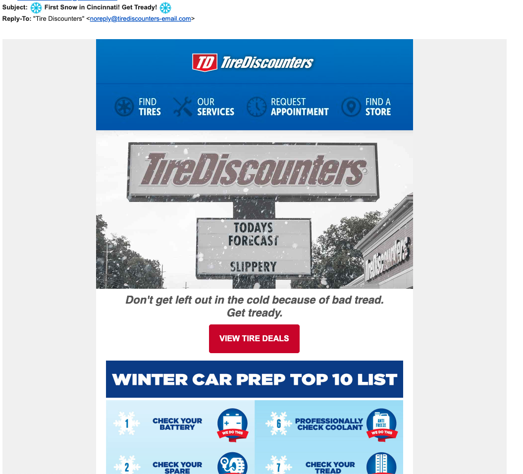 Example of Tire Discounters email embracing the cold weather as a way to connect with local users
