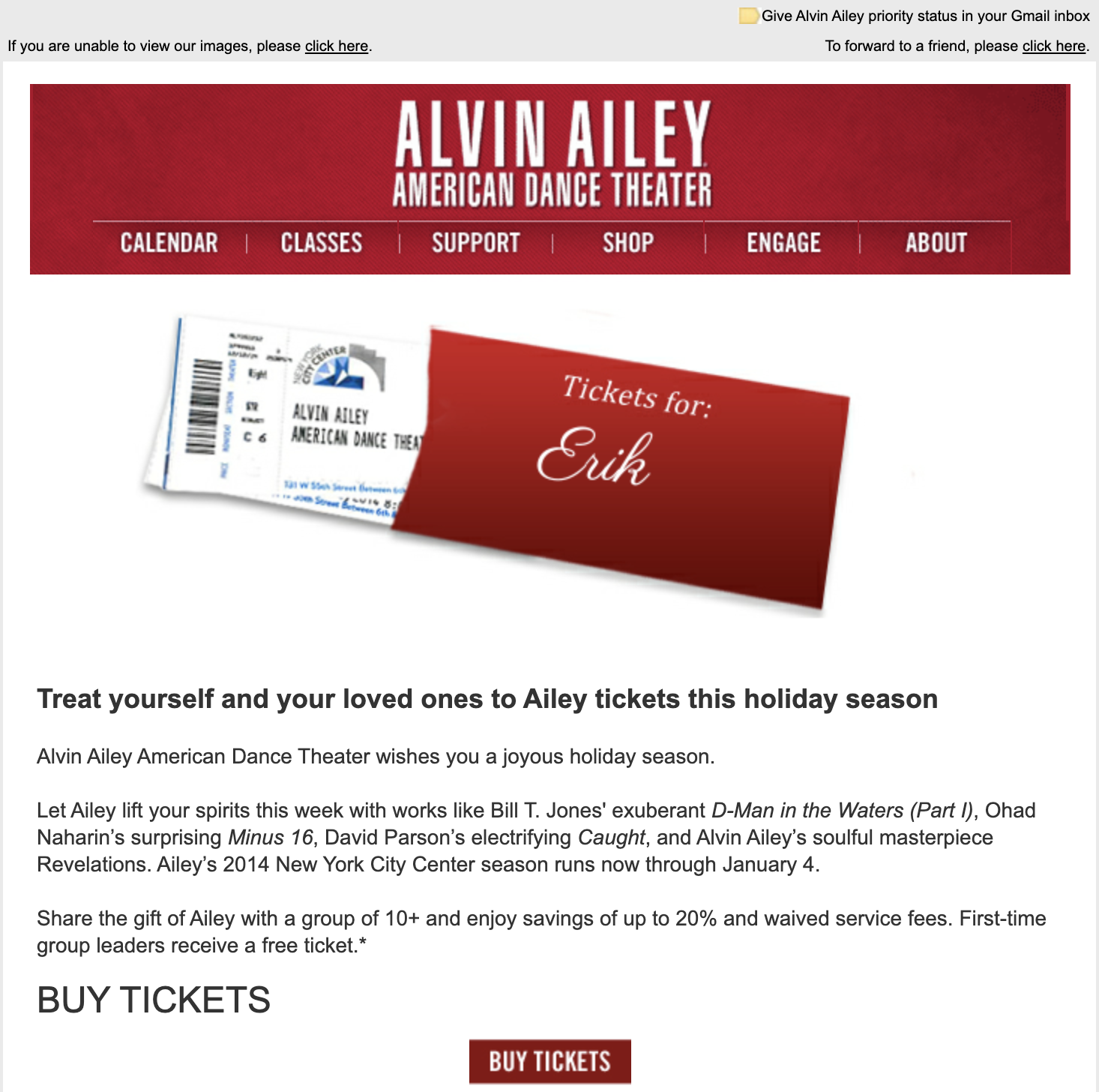 Example of Alvin Ailey's email personalized with imagery of tickets for the user