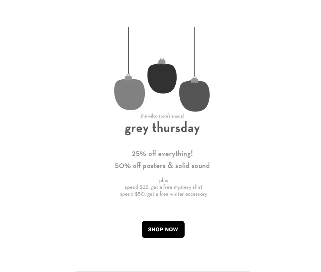 Example of Wilco's email featuring grayscale holiday imagery as a nod to "Grey" Friday