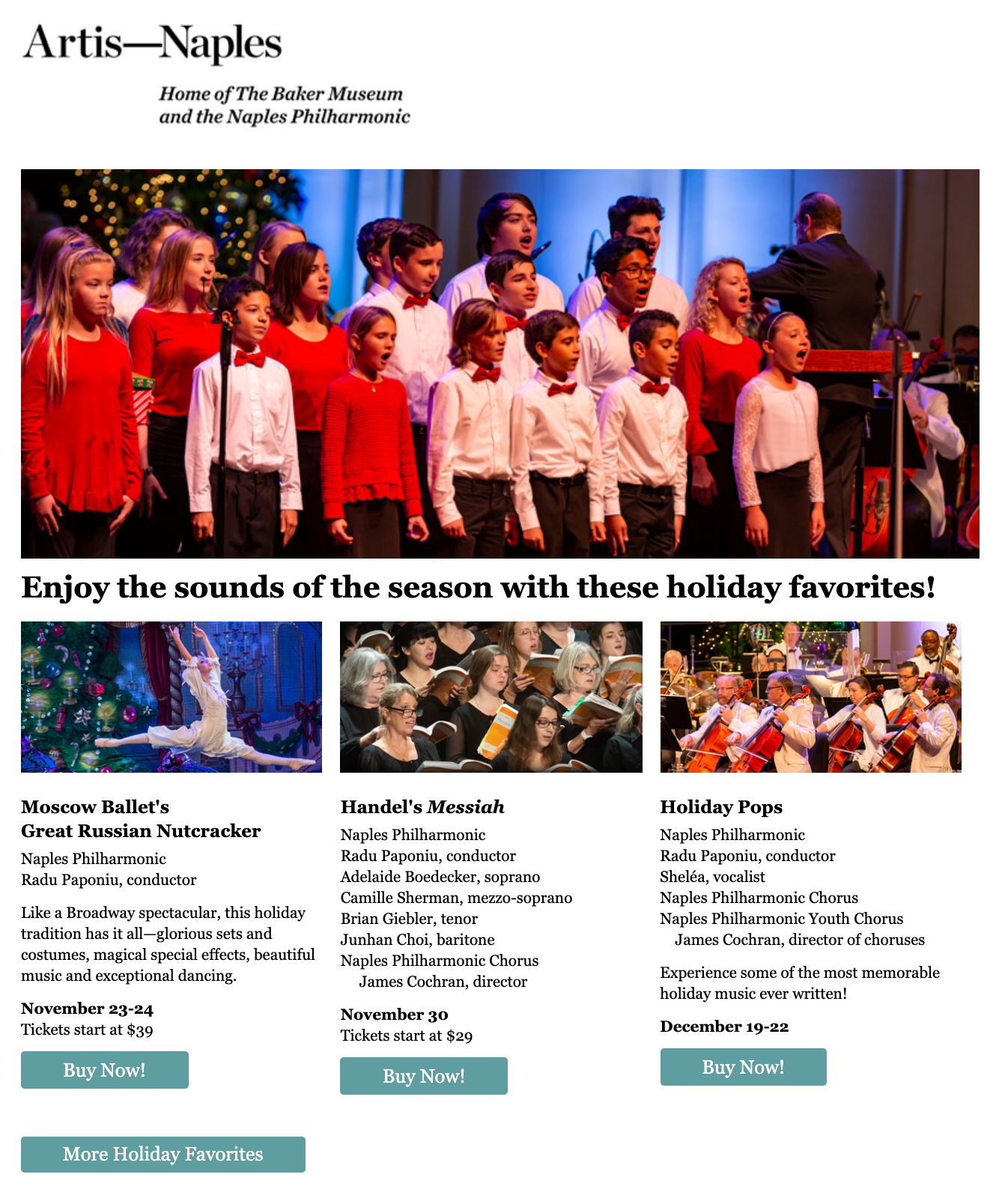 Example of Artis-Naples email featuring holiday photos of their performances