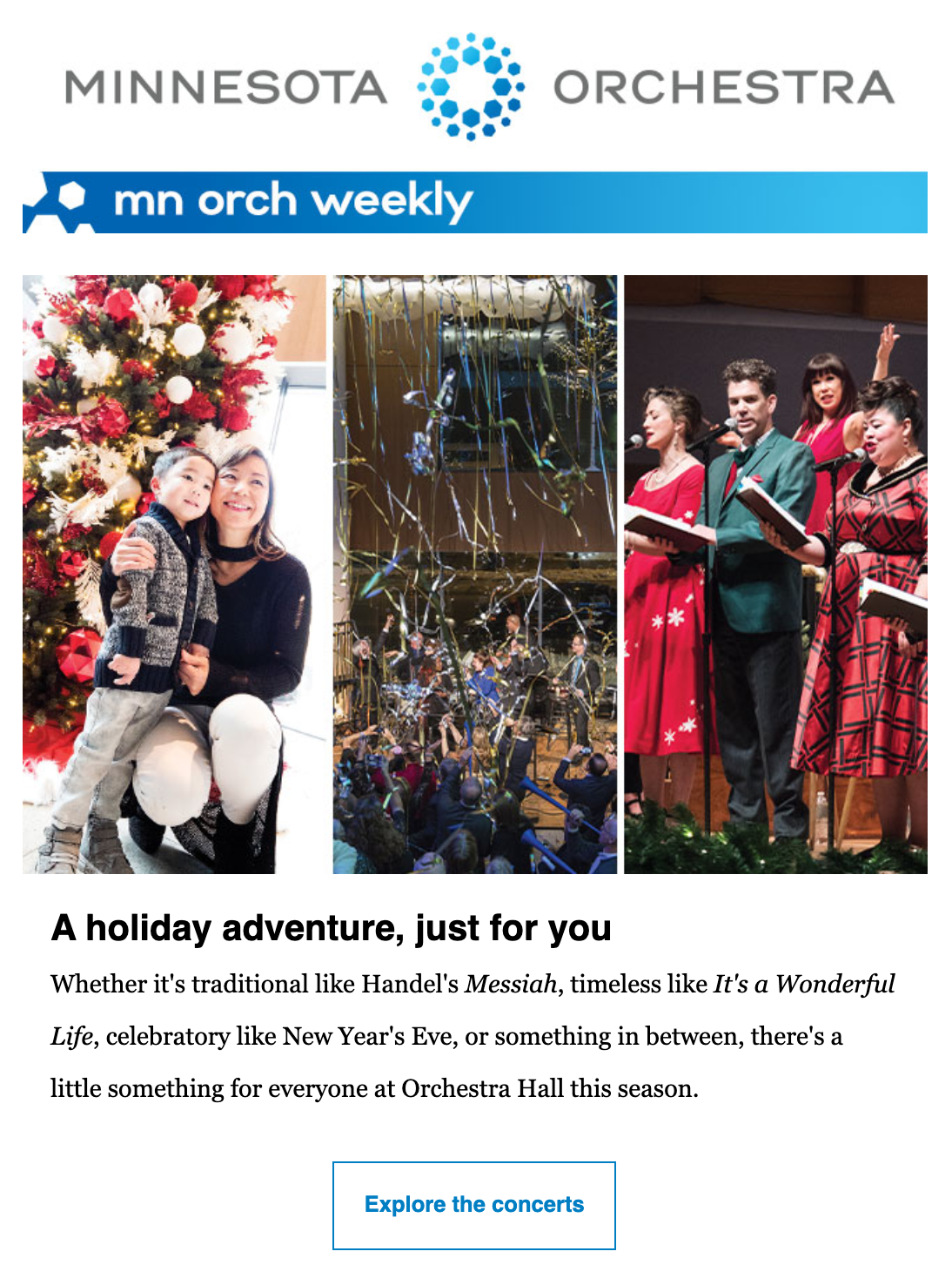 Example of Minnesota Orchestra email featuring holiday photos of their performances