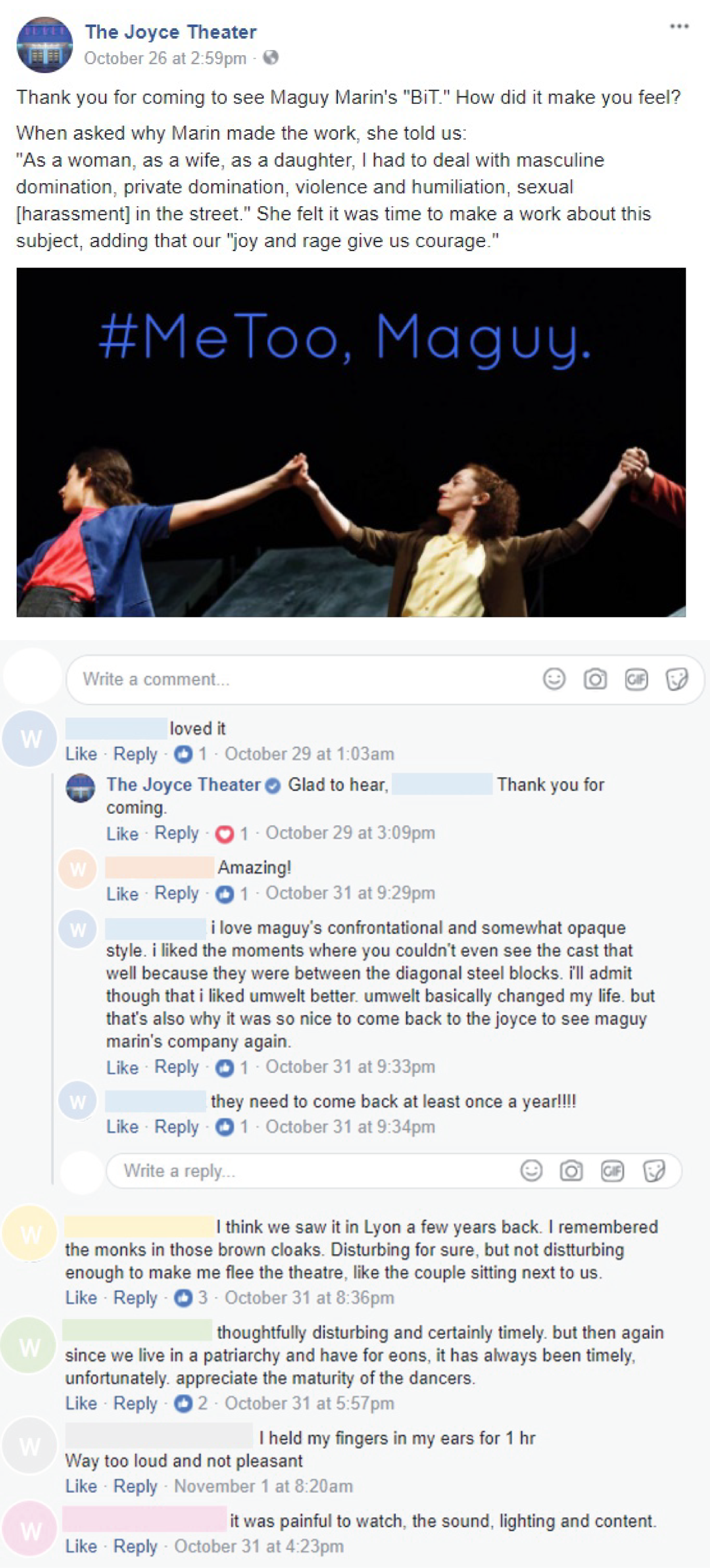 The Joyce Theater's post with comments served to Female Identifying Patrons