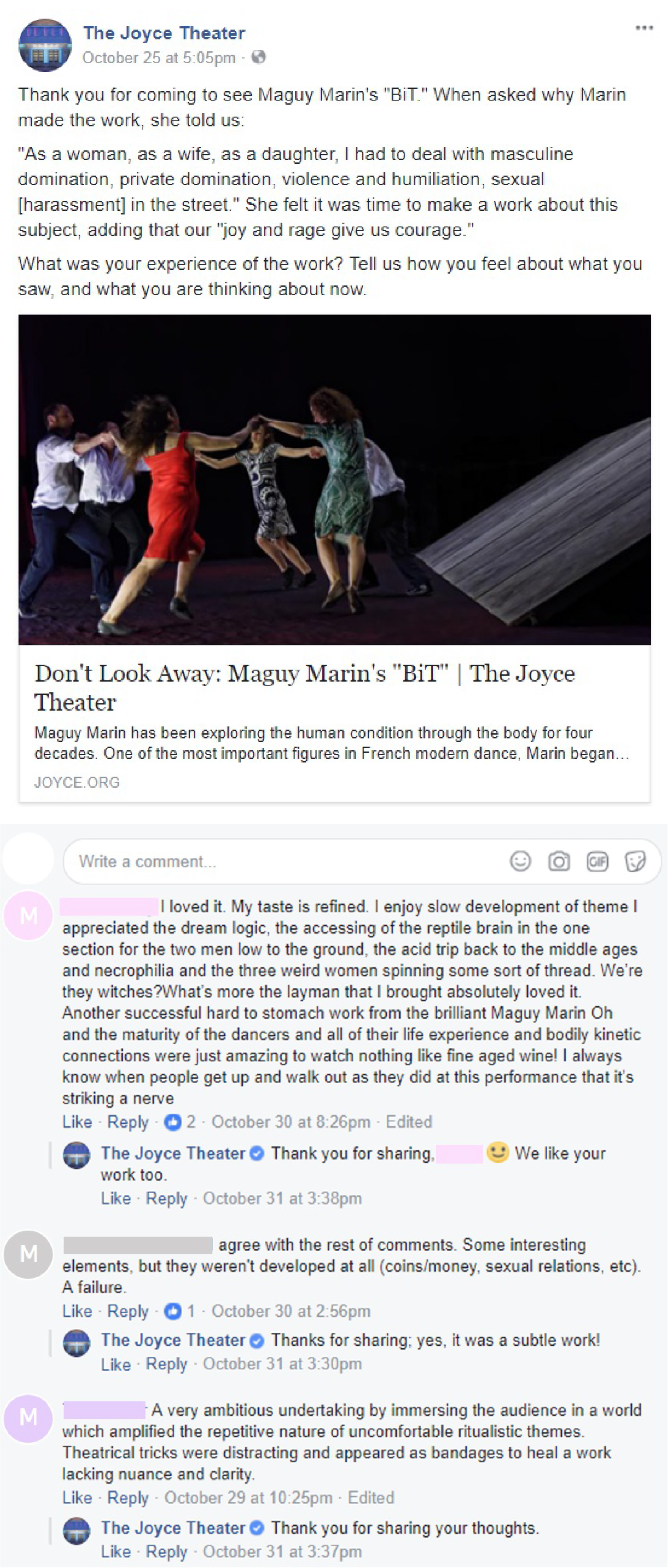 The Joyce Theater's post with comments served to Male Identifying Patrons