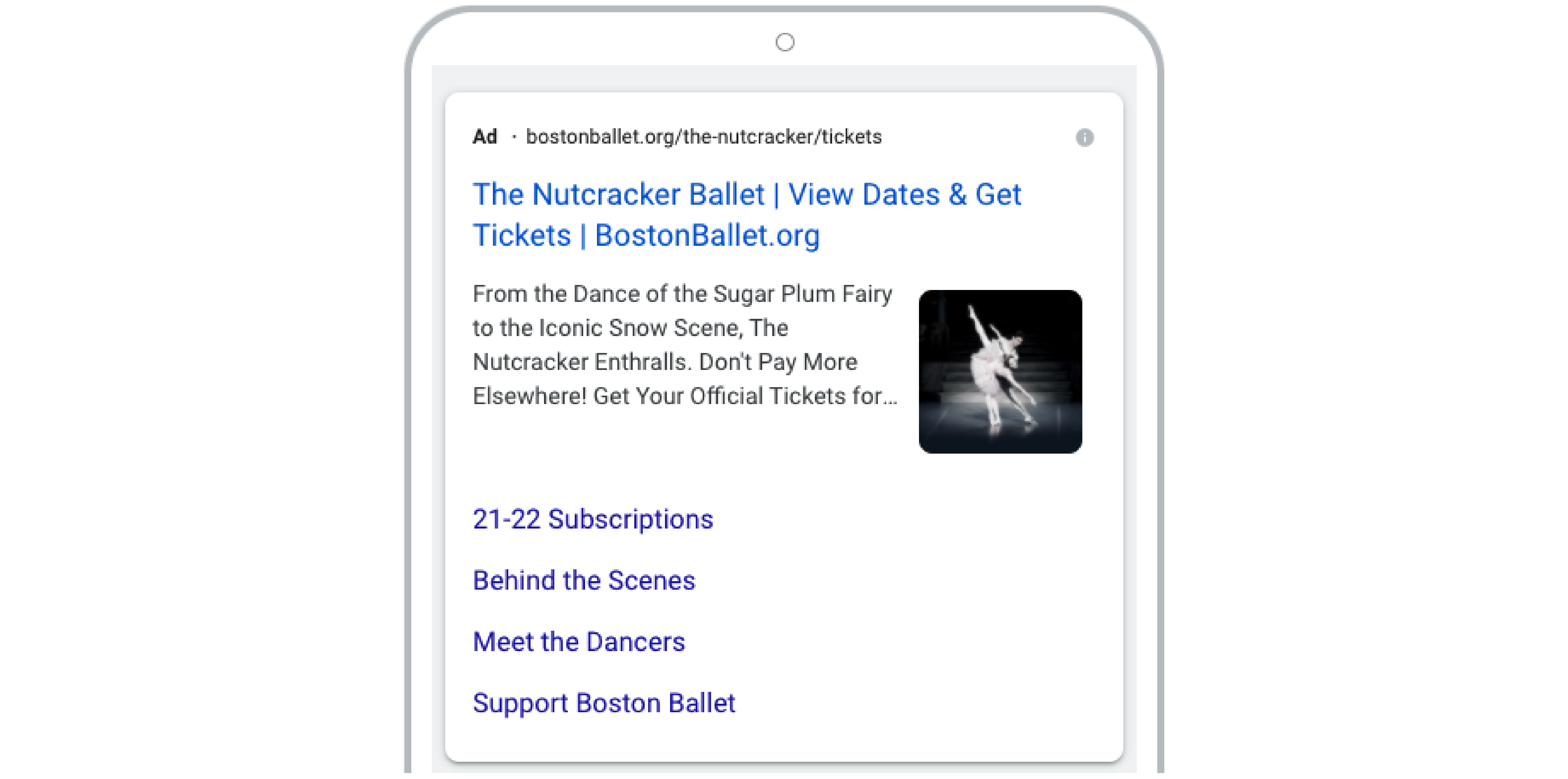 SERP result for The Nutcracker Ballet with a performance shot as the image extension.