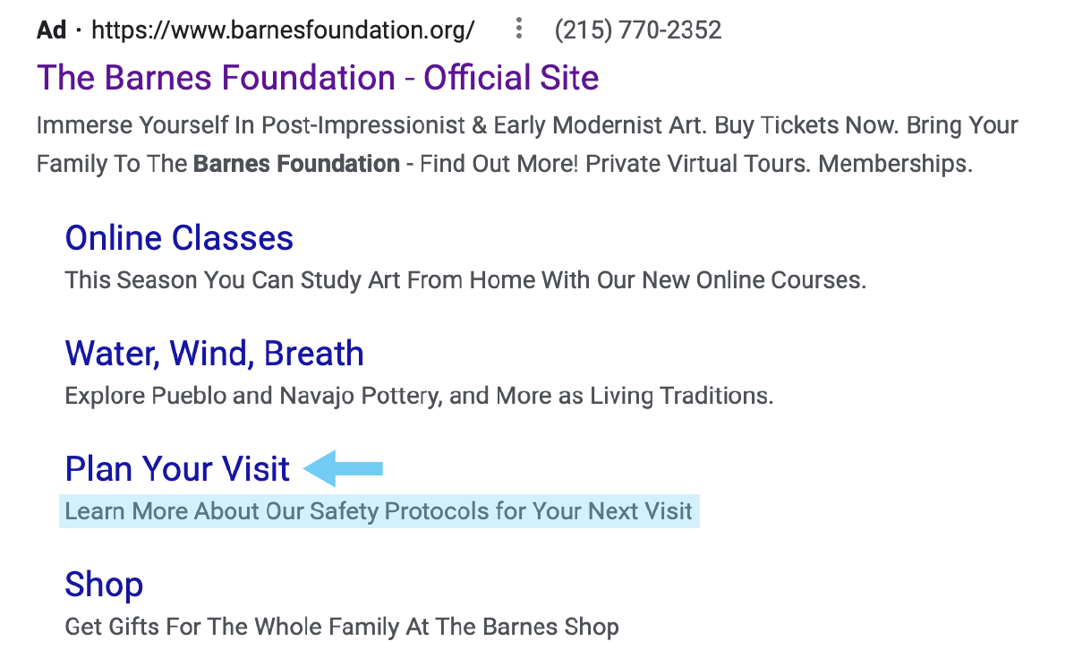 Screenshot of Google's search engine results page highlighting the "Plan Your Visit" sitelink extension where viewers can learn more about the Barnes Foundation's safety protocols for your next visit.