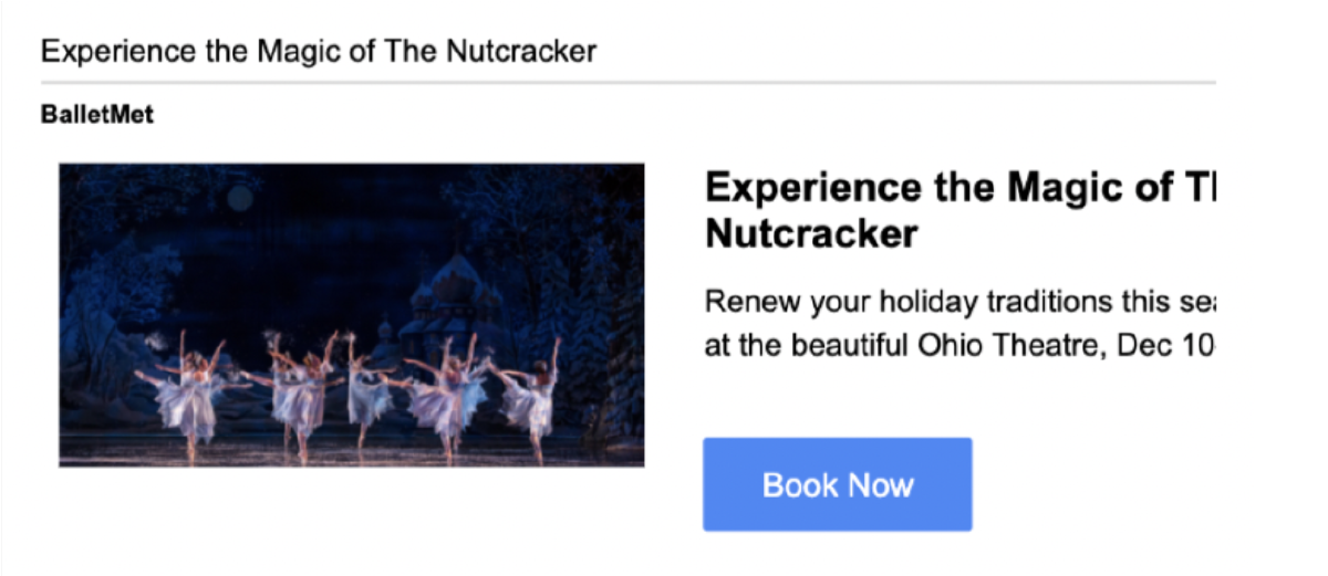 Screenshot of Ballet Met's Discovery Ad featuring an image of dancers mid pose on stage. Headline text: Experience the Magic of The Nutcracker.