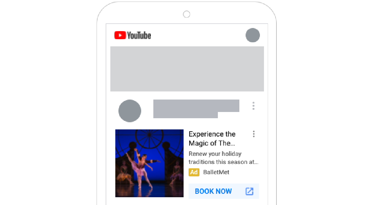 Screenshot of a YouTube mockup of BalletMet's Discovery ad featuring dancers mid pose on stage. Headline text: Experience the Magic of The Nutcracker