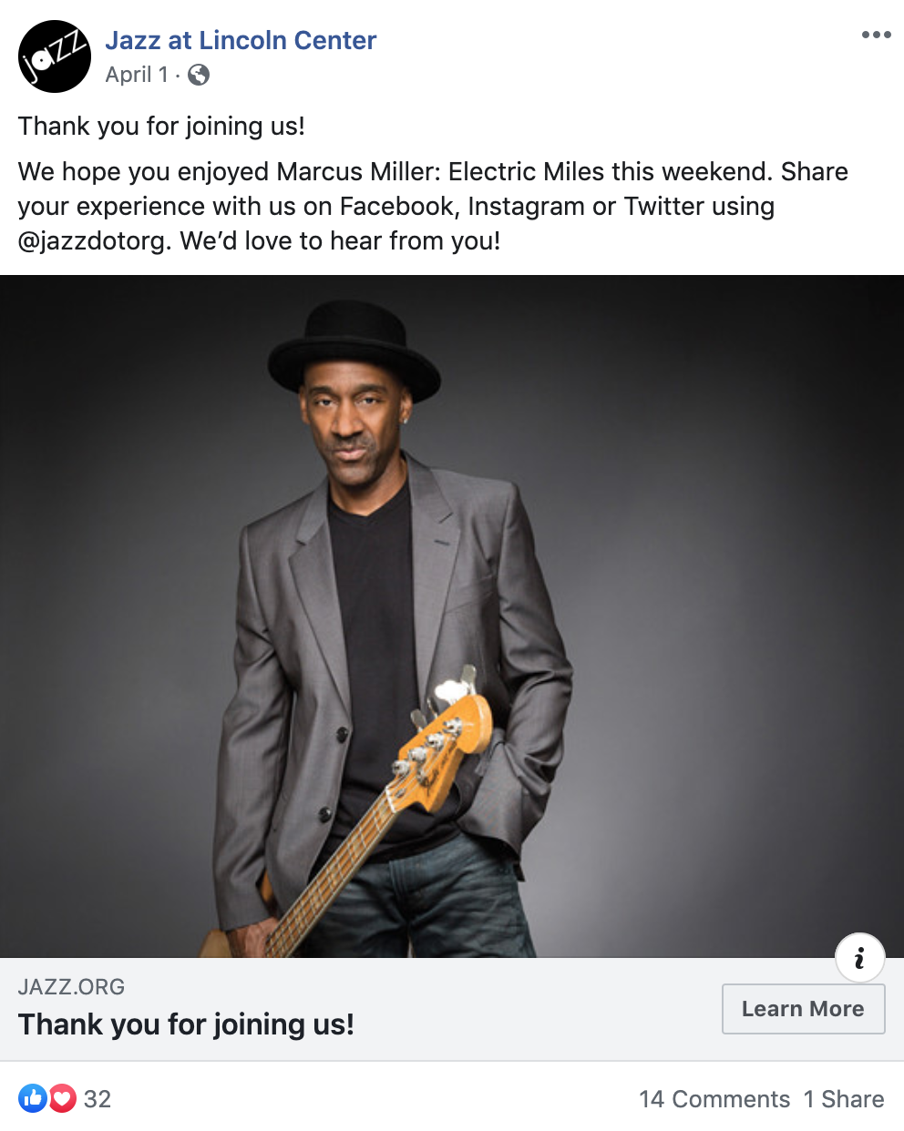 Jazz at Lincoln Center Facebook post thanking patrons for joining them to see Marcus Miller: Electric Miles and encouraging patrons to share their experience