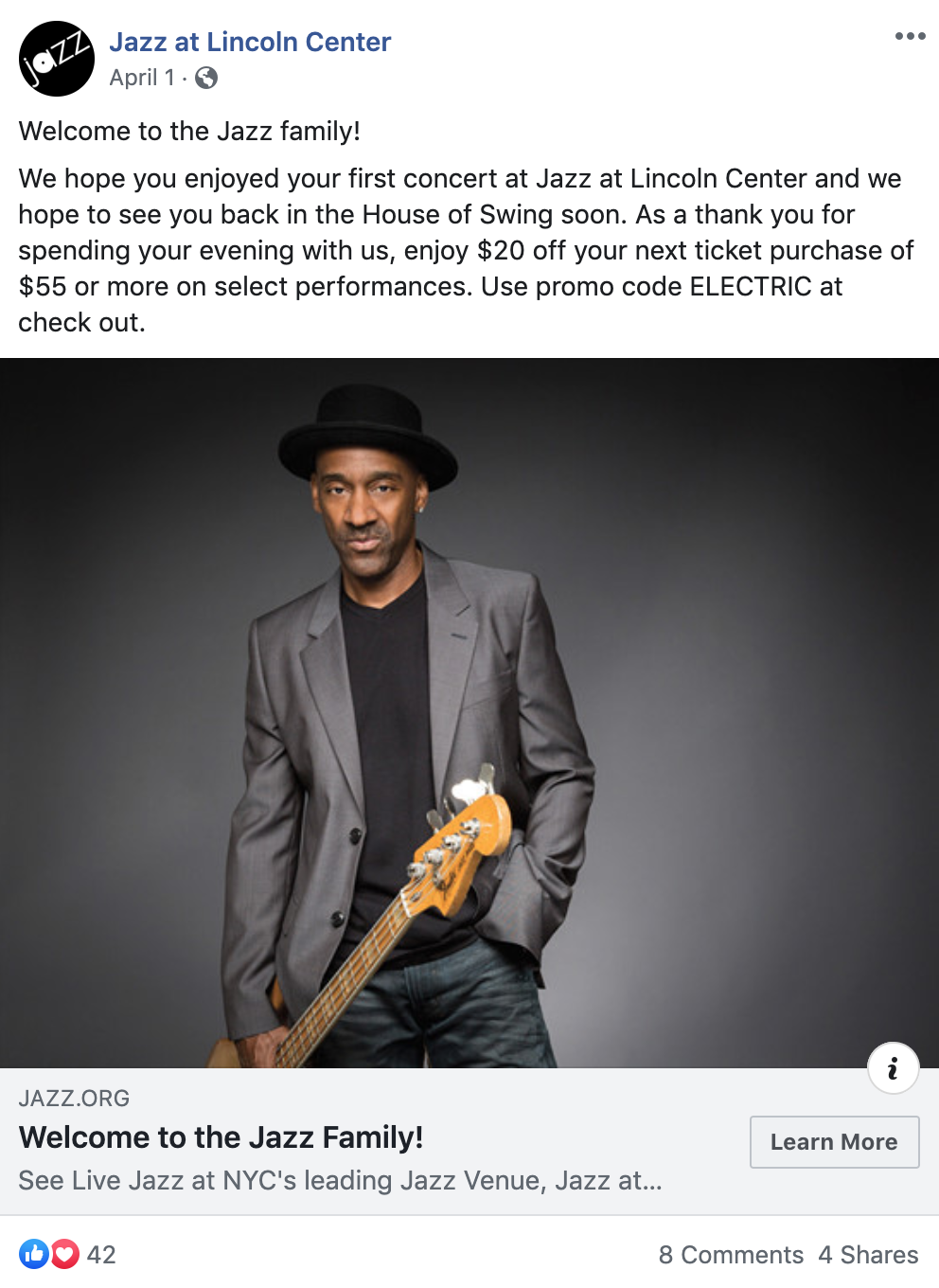 Jazz at Lincoln Center Facebook post welcoming patrons to the Jazz family after their first concert and thanking patrons with $20 off their next ticket purchase
