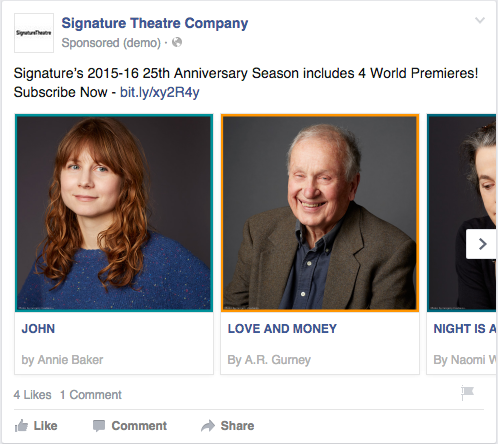 Signature Theatre's sponsored Facebook post for their 25th Anniversary Season