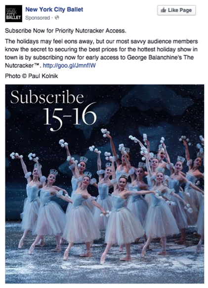 NYCB's sponsored Facebook post for priority Nutcracker access