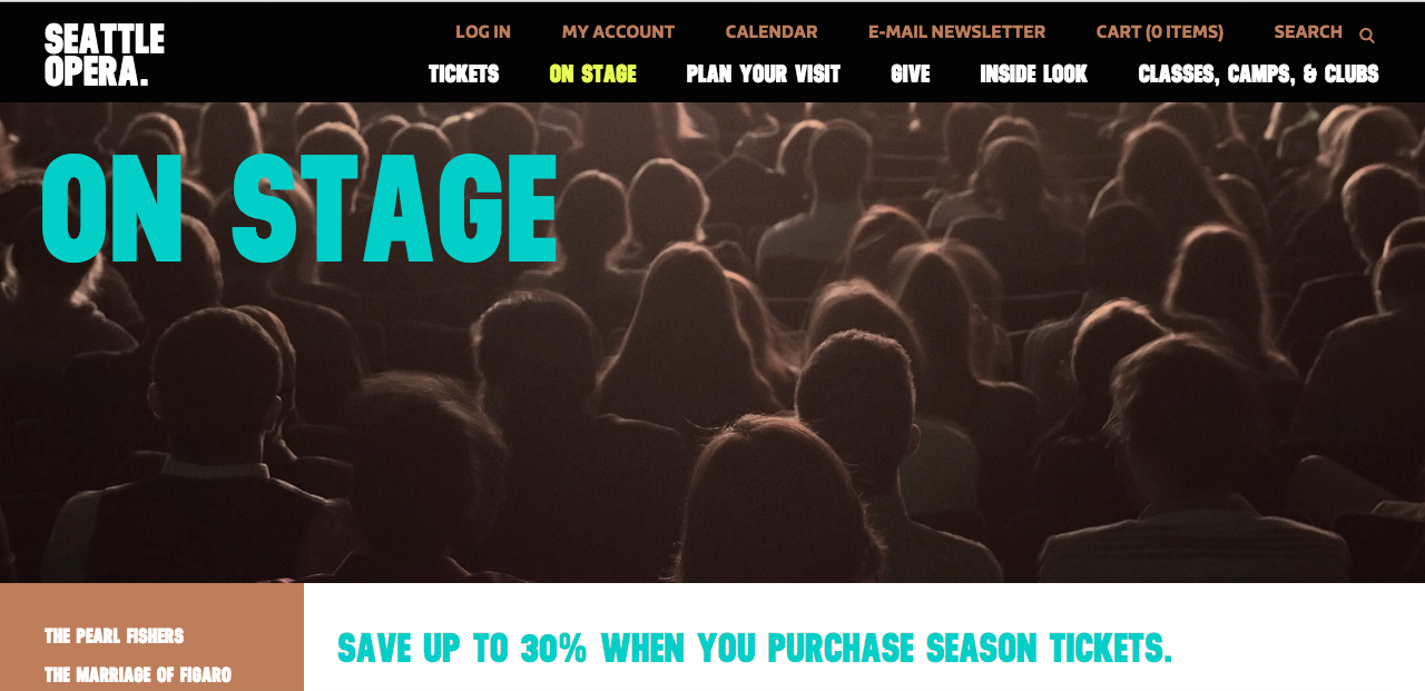Seattle Opera website open to their "On Stage" tab