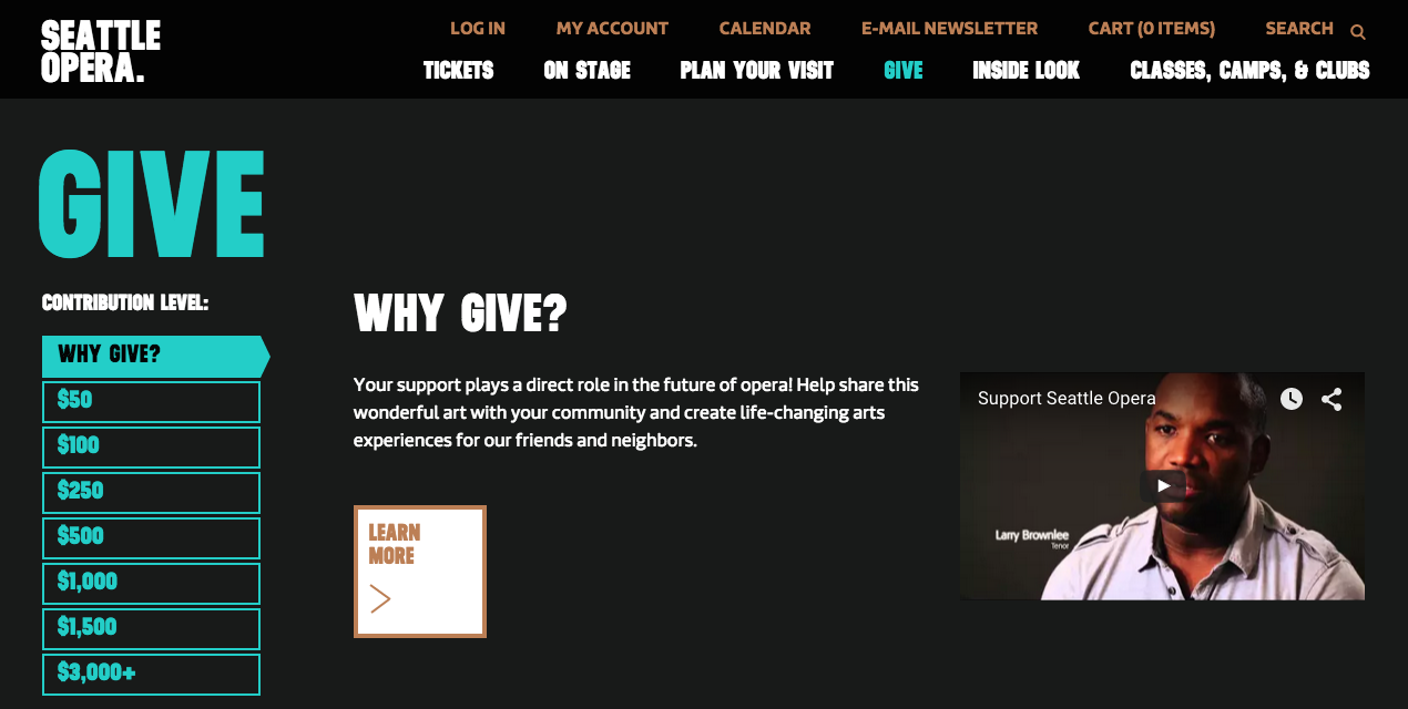 Seattle Opera's website open to their "Give" tab