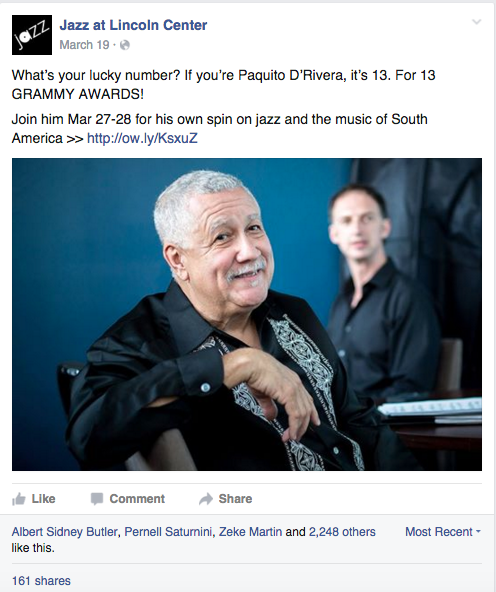 Jazz at Lincoln Center Facebook post featuring Grammy winner Paquito D'Rivera