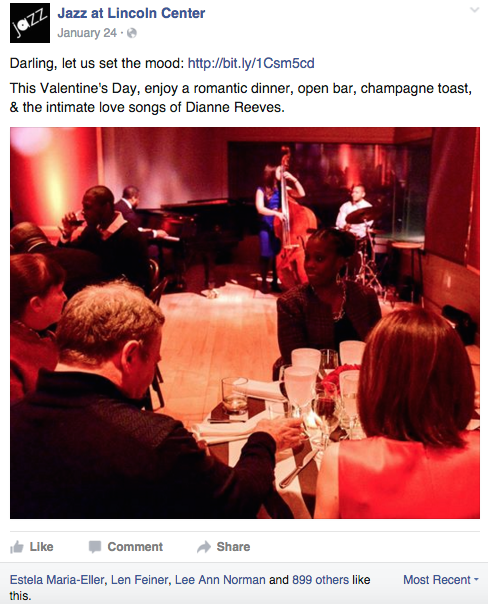 Jazz at Lincoln Center Facebook post featuring a dining room with patrons enjoying champagne with their meals