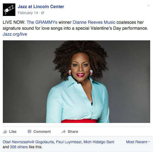 Jazz at Lincoln Center Facebook post promoting Grammy winning Dianne Reeve's Valentine's Day performance