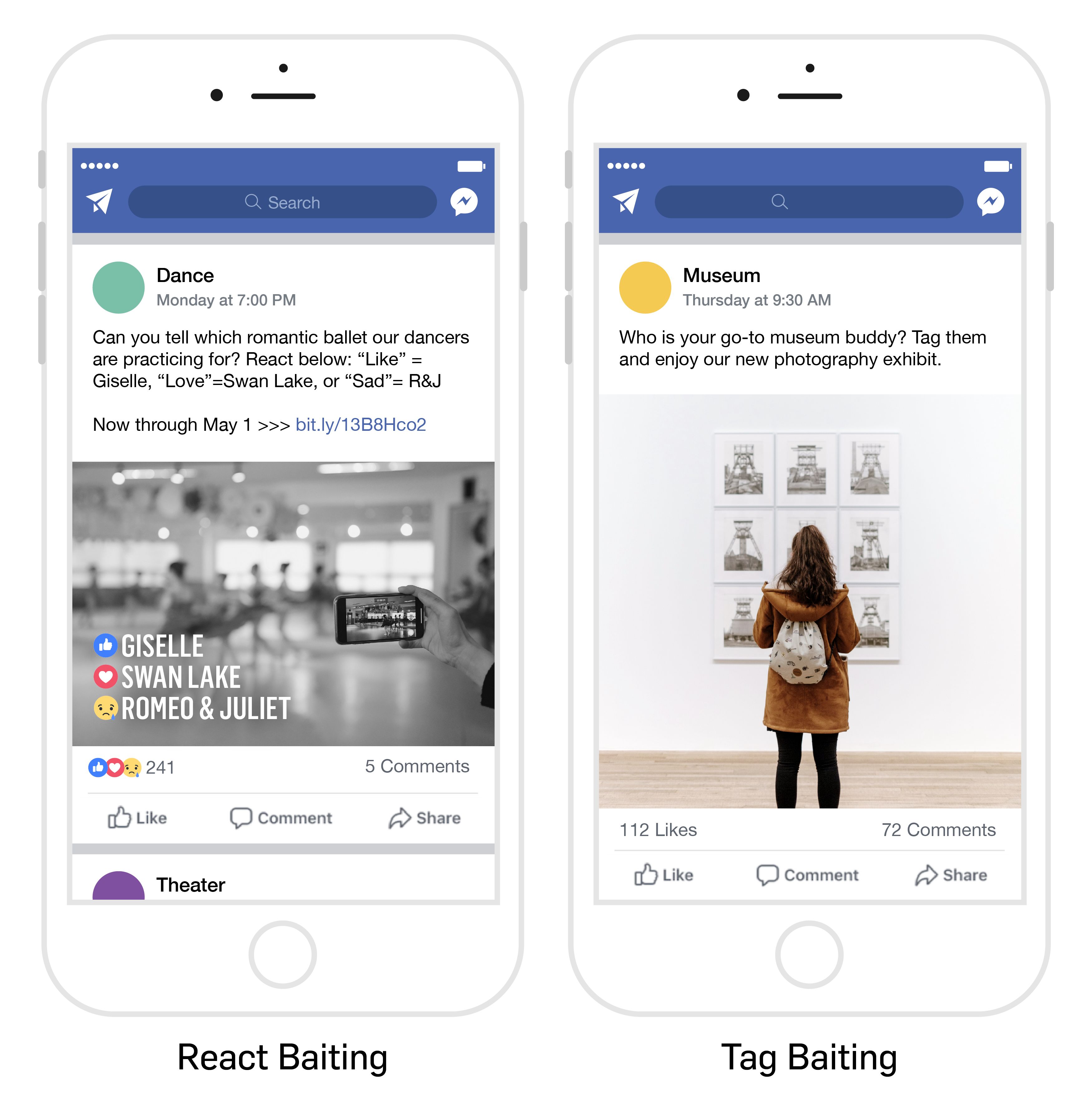Image with mobile phone examples of both "React Baiting" and "Tag Baiting"
