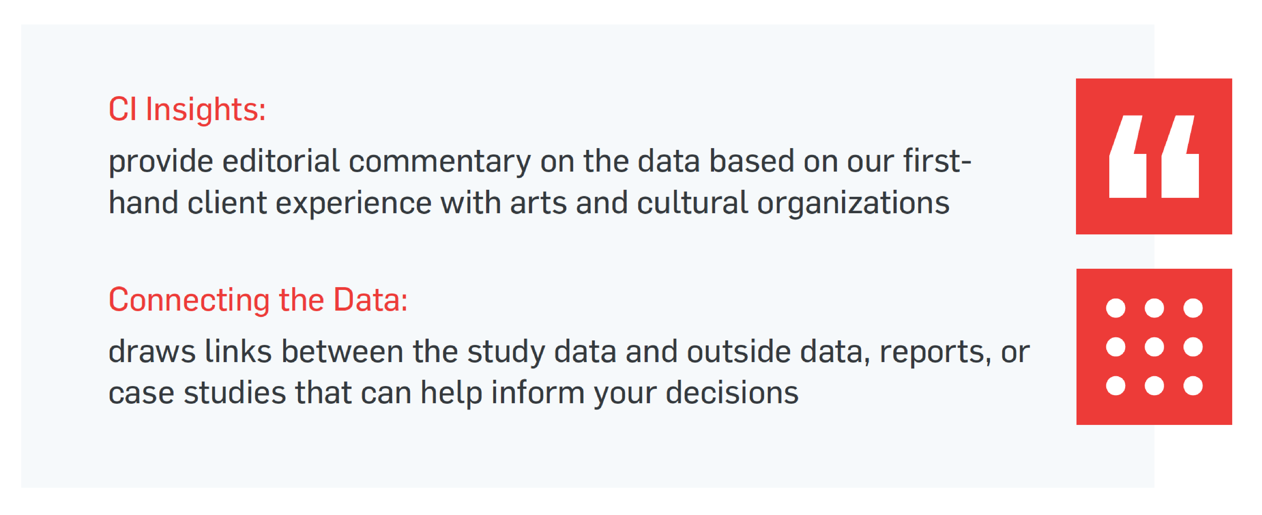 CI Insights: provide editorial commentary on the data based on our first-hand client experience with arts and cultural organizations | Connecting the Data: draws links between the study data and outside data, reports, or case studies that can help inform your decisions
