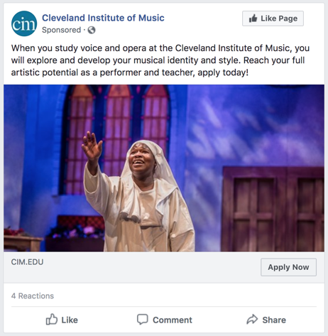 Cleveland Institute of Music Facebook Ad: When you study voice and opera at the Cleveland Institute of Music, you will explore and develop your musical identity and style. Reach your full artistic potential as a performer and teacher, apply today!