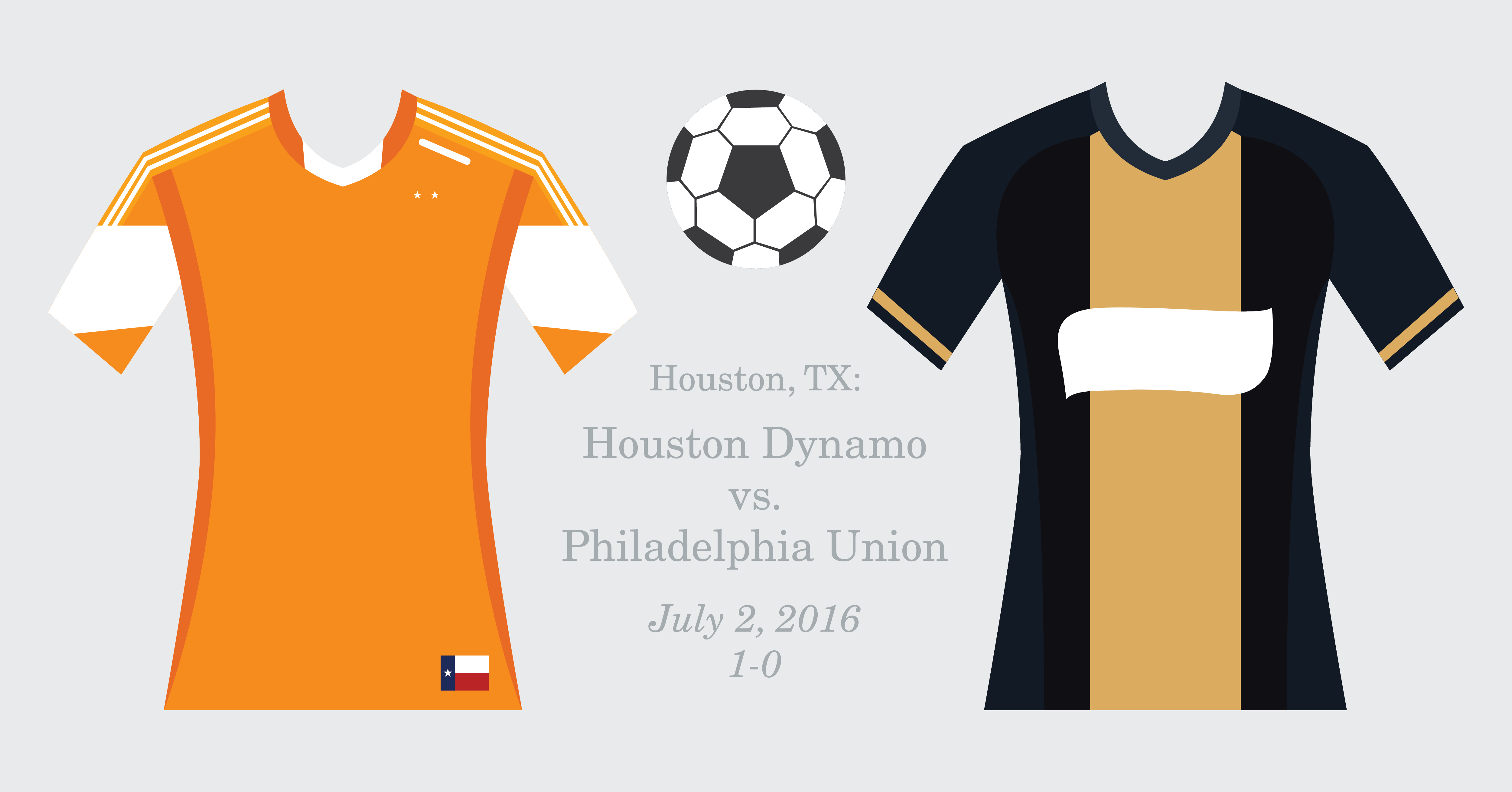 Illustration of two soccer jerseys and a soccer ball highlighting the July 2 game between Houston Dynamo and Philadelphia Union 