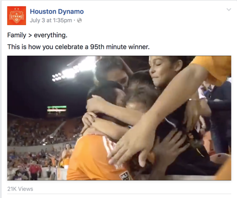 Facebook post of a family hugging and celebrating Houston Dynamo's 95th minute win.