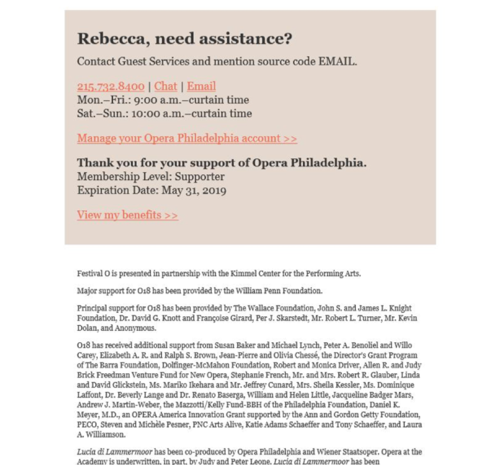 Screenshot of an email from Opera Philadelphia featuring a section at the bottom for personalized assistance