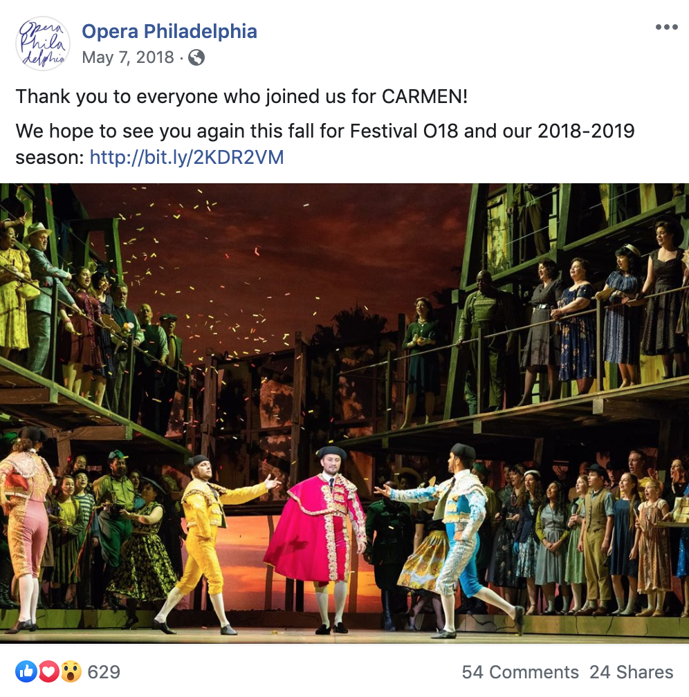 Opera Philadelphia Facebook post thanking patrons for attending their performance, Carmen 