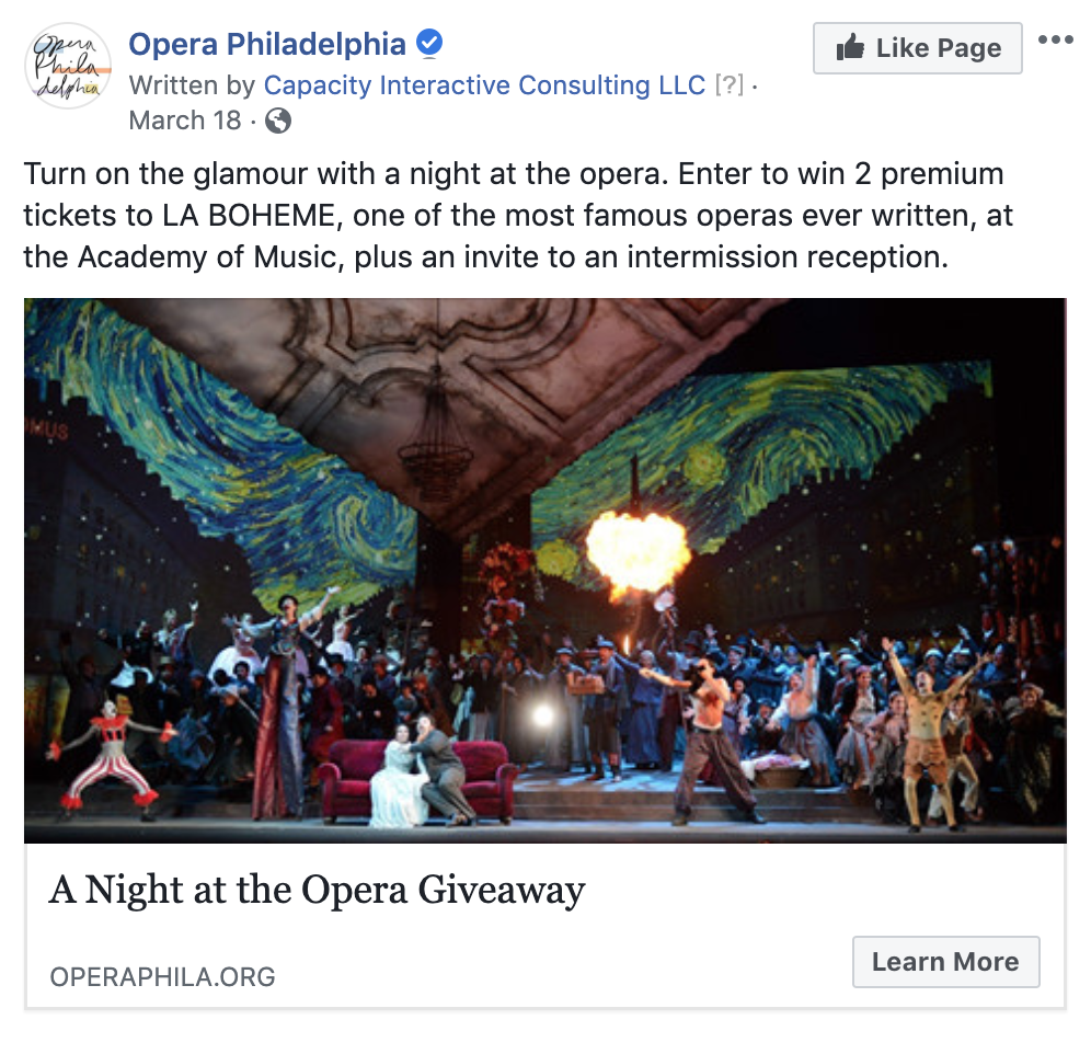 Version 1 of Opera Philadelphia's Facebook lead ad highlighting a contest where users can win two tickets to La Bohème and an invite to an exclusive intermission reception