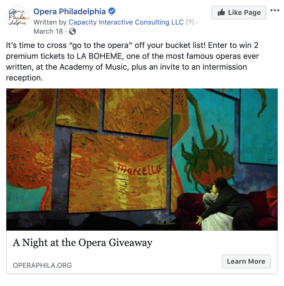 Version 2 of Opera Philadelphia's Facebook lead ad highlighting a contest where users can win two tickets to La Bohème and an invite to an exclusive intermission reception