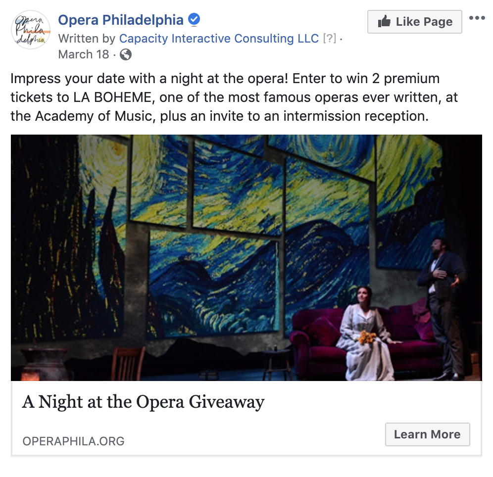 Version 3 of Opera Philadelphia's Facebook lead ad highlighting a contest where users can win two tickets to La Bohème and an invite to an exclusive intermission reception