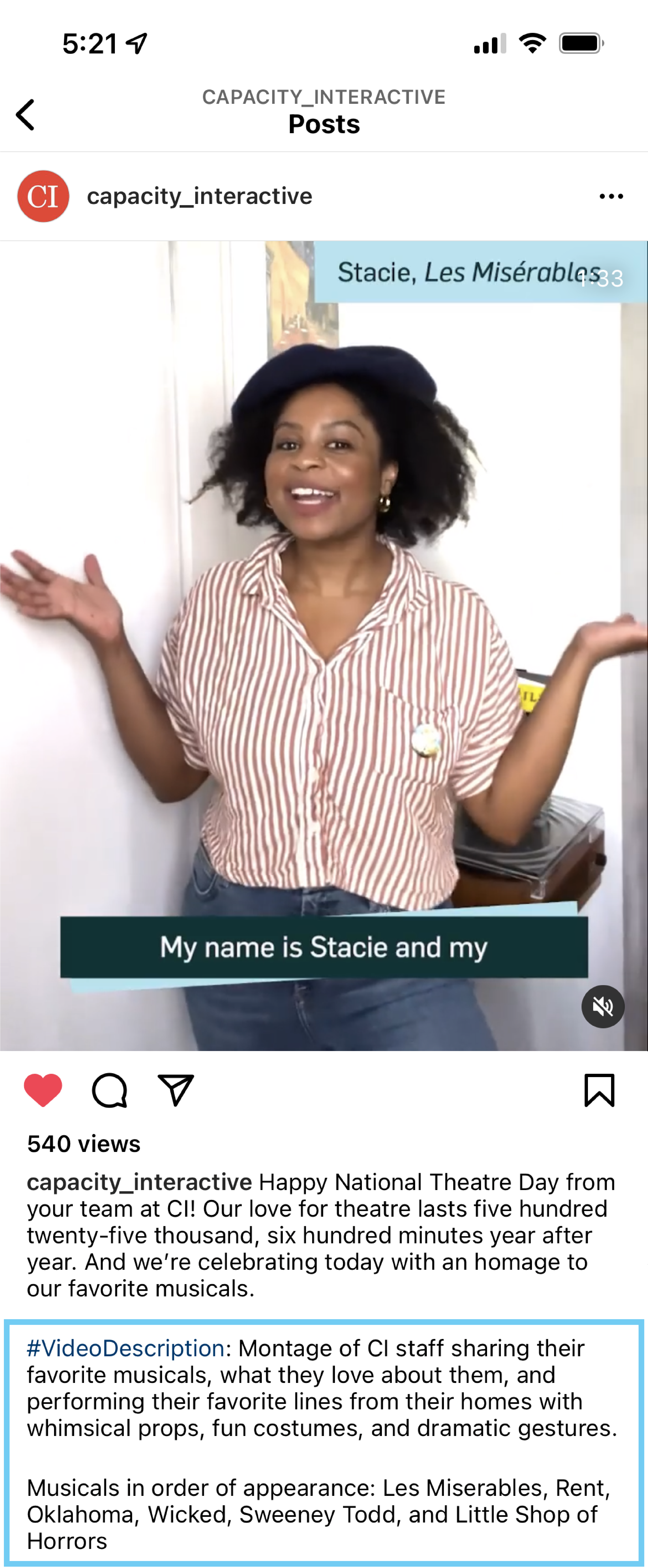 Screenshot of a video montage of CI staff sharing their favorite musicals, what they love about them, and performing their favorite lines from their homes with whimsical props, fun costumes, and dramatic gestures.