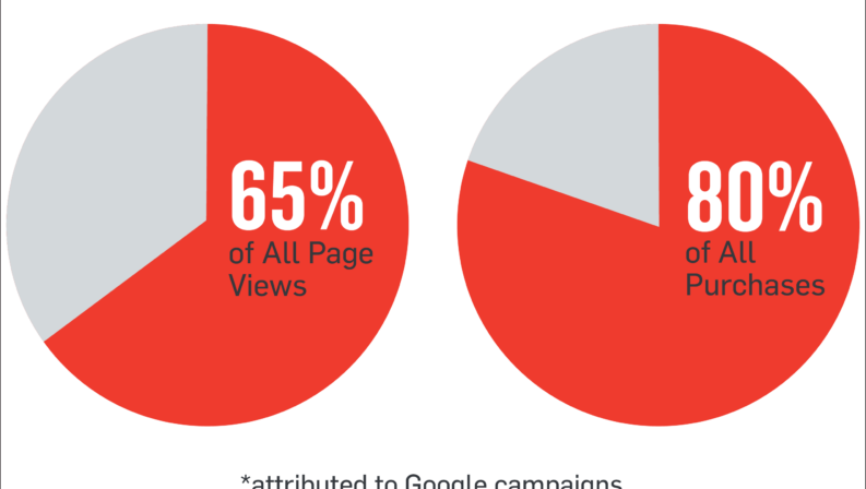 Pie charts showing 65% of all page views and 80% of all purchases attributed to Google campaigns