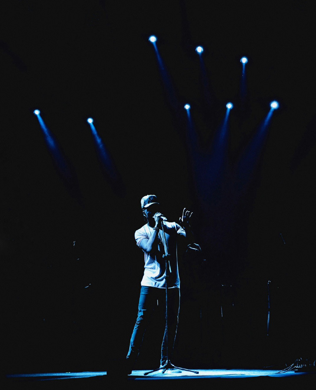 A musician performs on stage with a microphone
