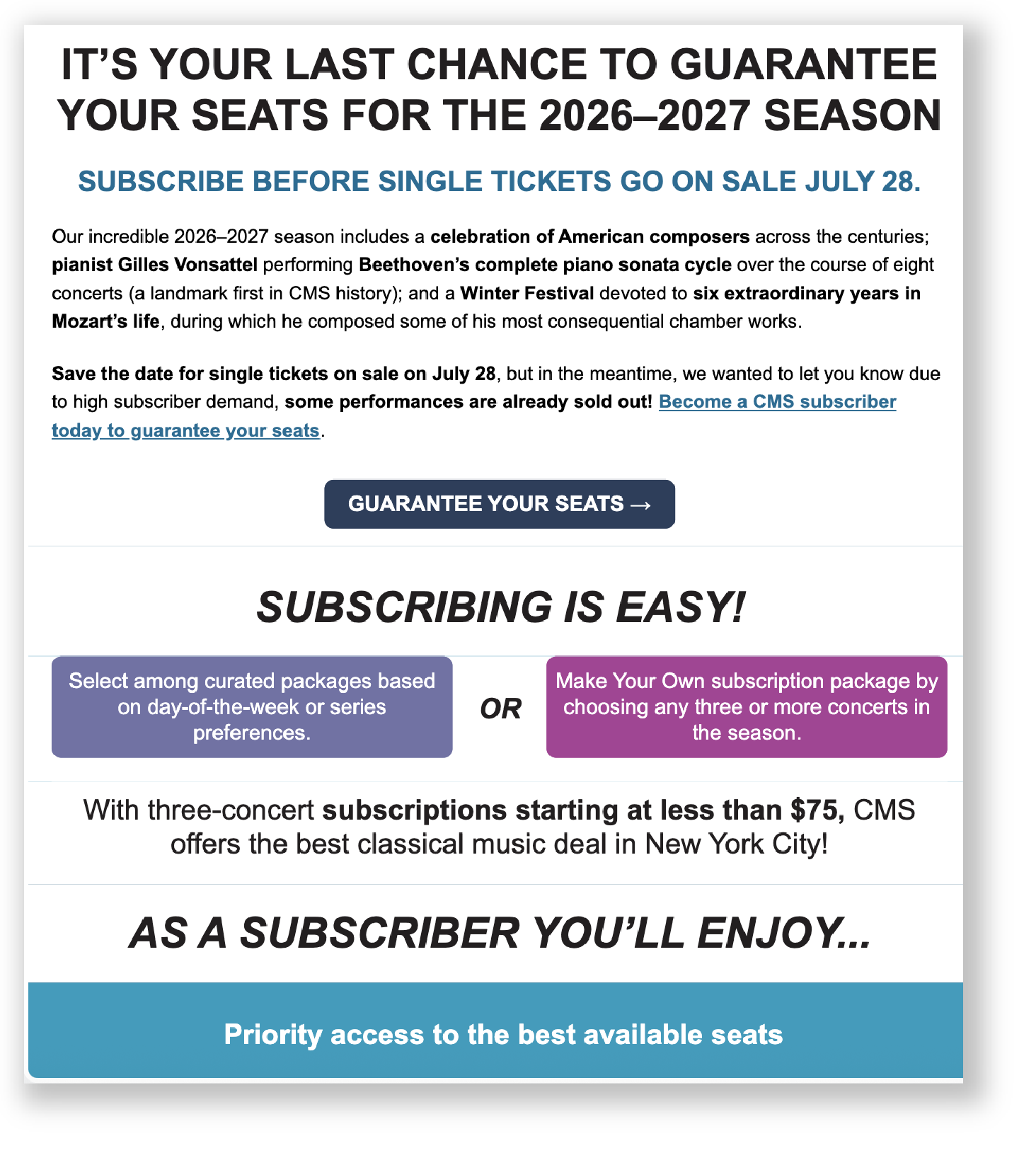 Email example from Chamber Music Society of Lincoln Center 